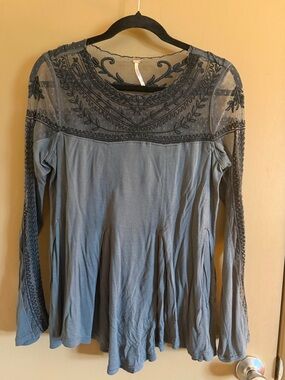 Free People Grey Embroidered Sheer Yoke Long Sleeve Top